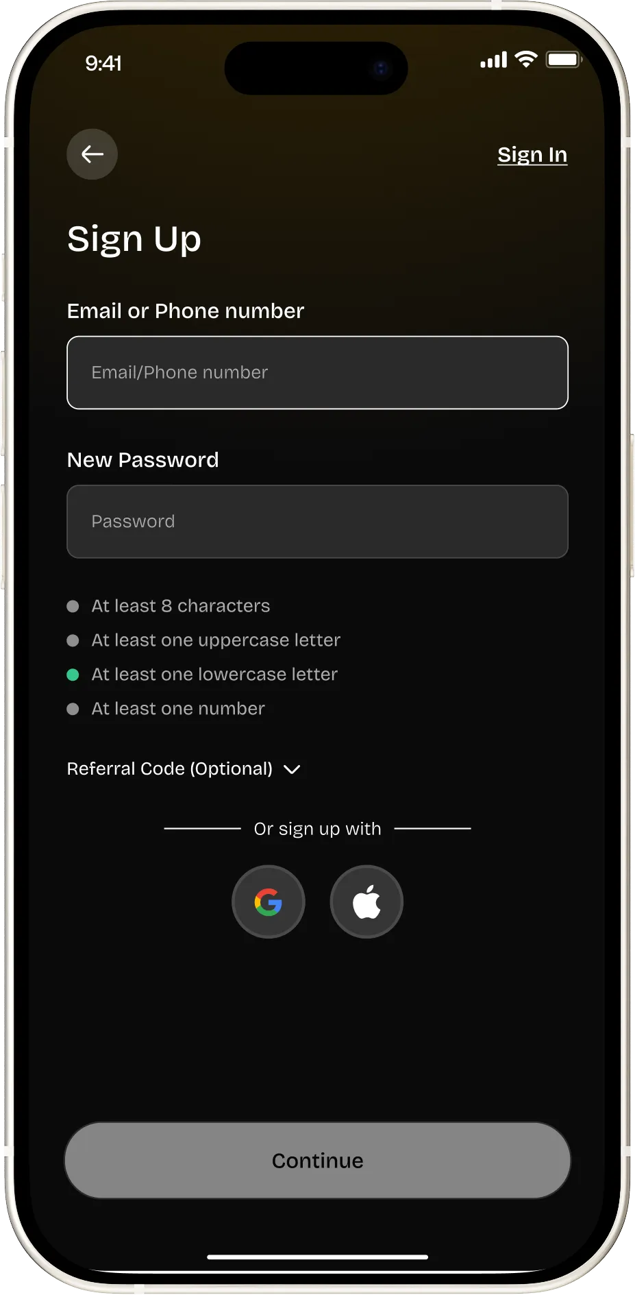 Sign up screen