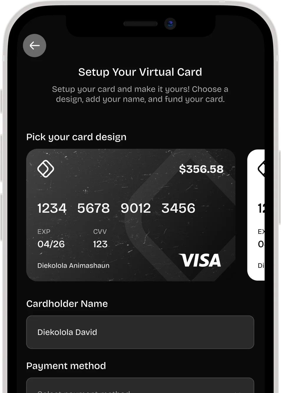 Choose a design, and fill in your details to set up your virtual card